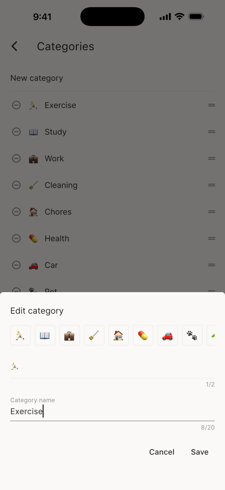 The New category dialog