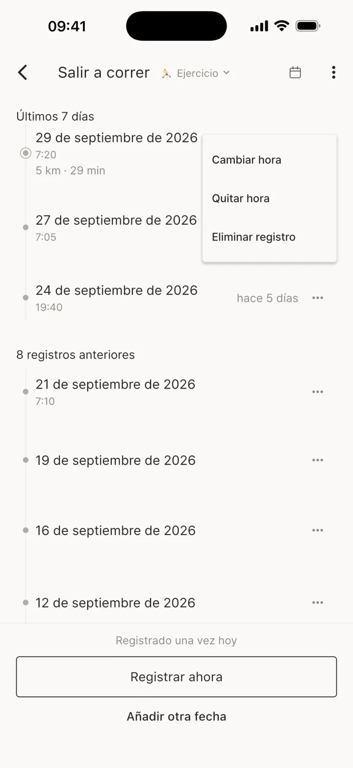 Menú del registro