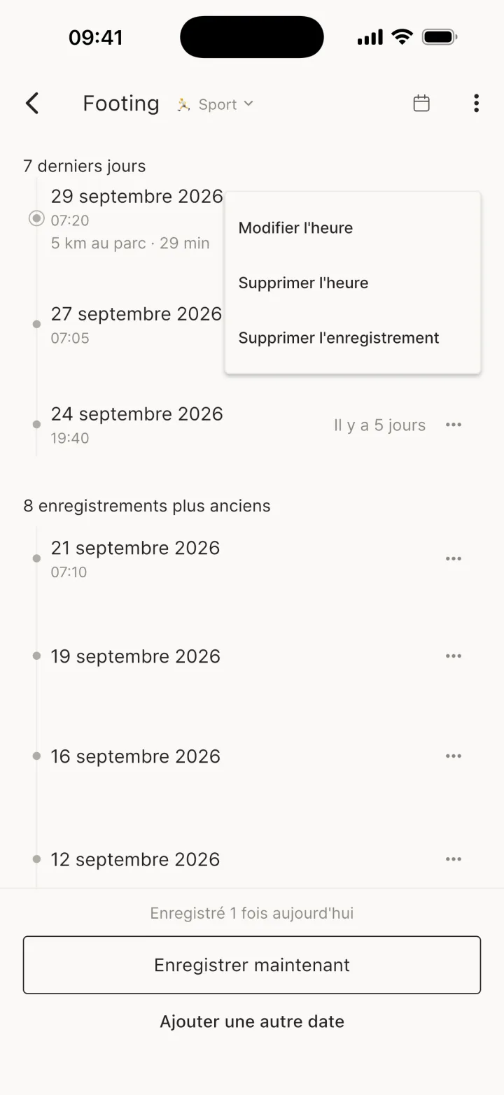 Menu d'un enregistrement