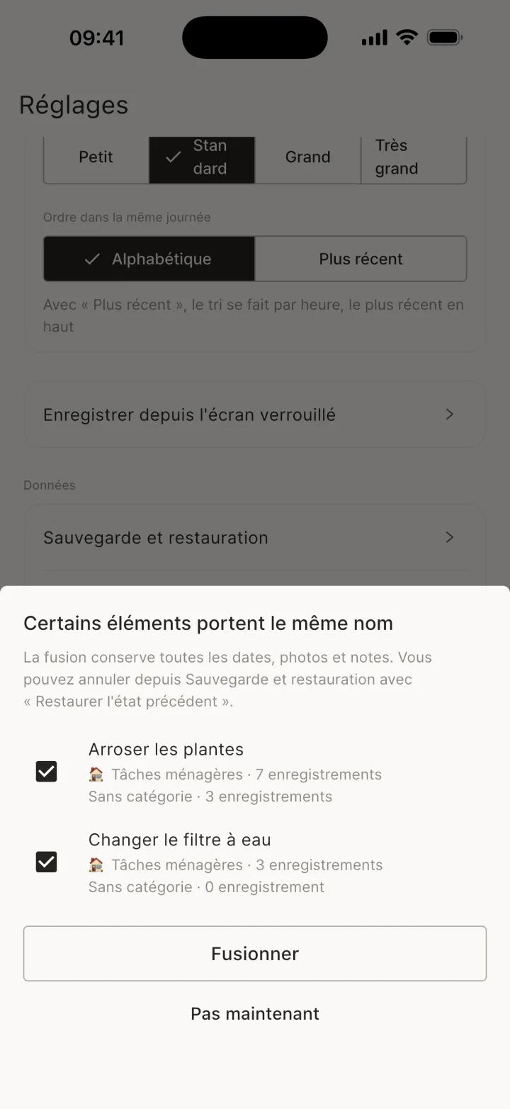 Fusionner les éléments portant le même nom