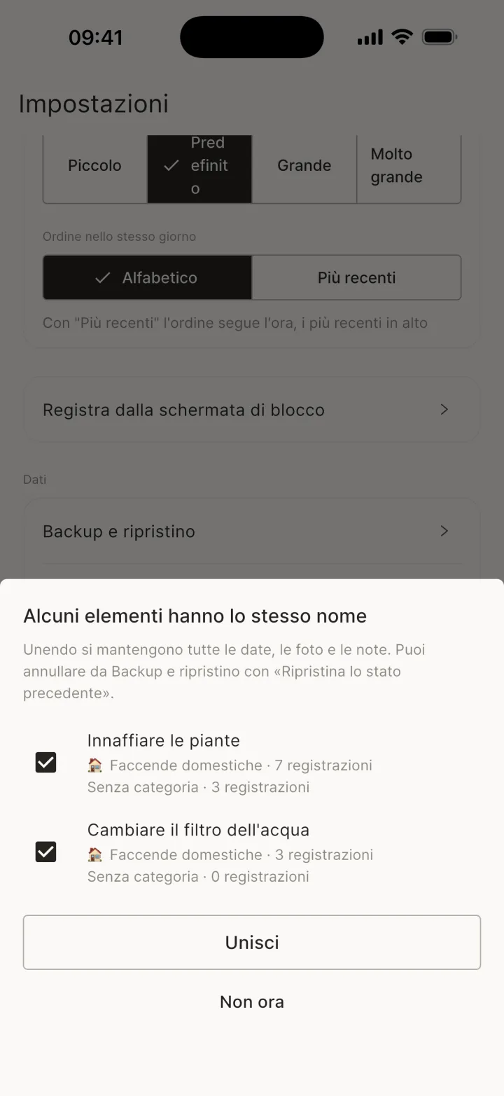 Unisci gli elementi con lo stesso nome