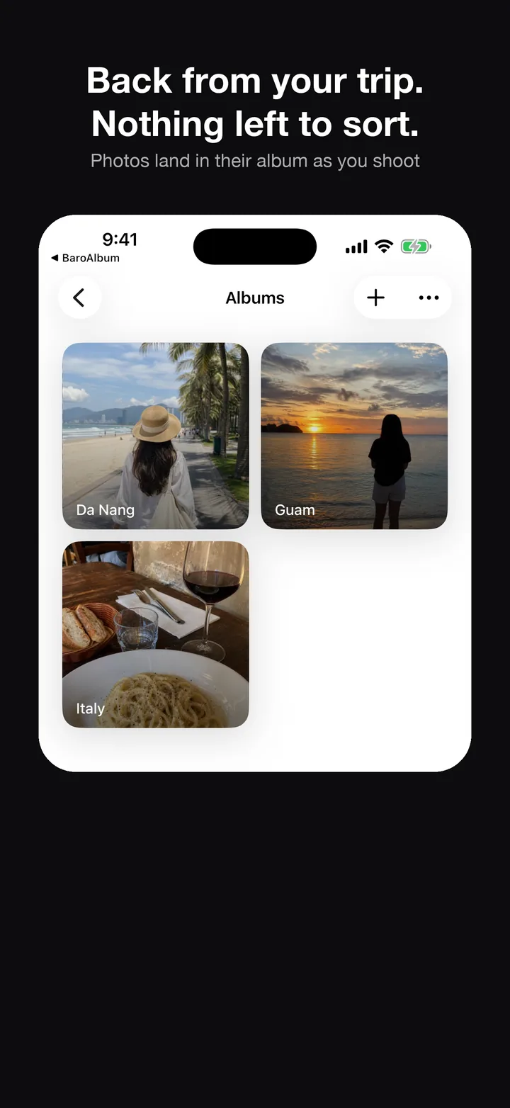 Albums BaroAlbum created already split apart in the Photos app's Albums tab — 'Da Nang,' 'Guam,' 'Italy'