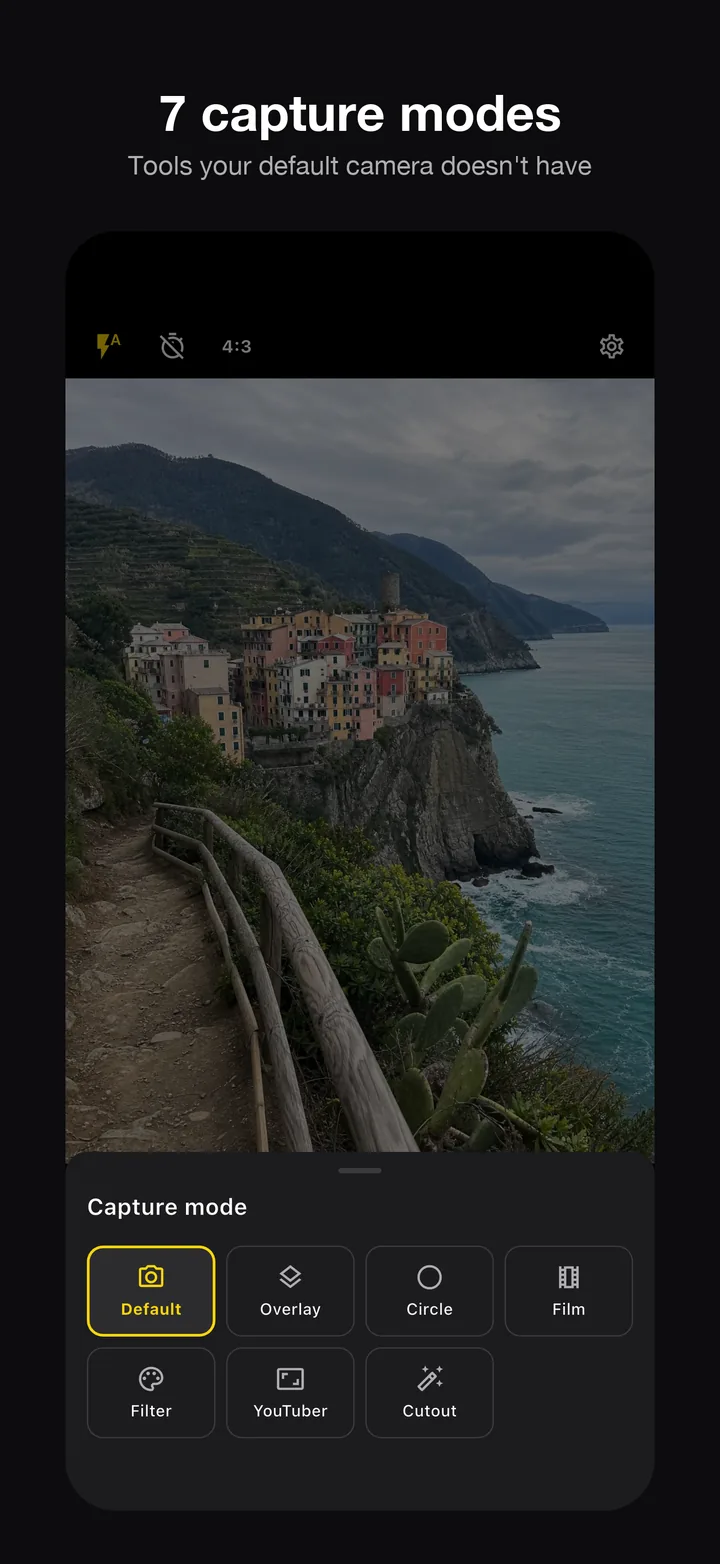 BaroAlbum capture mode picker — Standard, Overlay, Circle guide, Film, Filter, YouTuber, Cutout