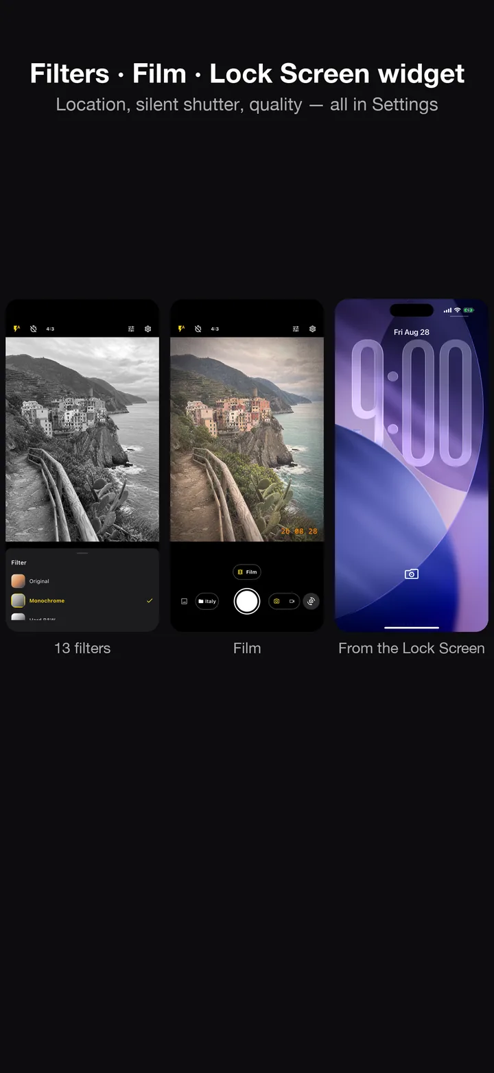 A monochrome filter, a Film-mode shot with a date stamp, and a Lock Screen camera-launch widget