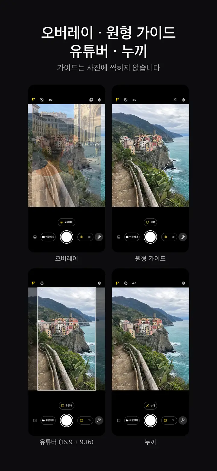 오버레이·원형 가이드·유튜버 크롭·누끼 모드가 각각 적용된 촬영 화면 4장