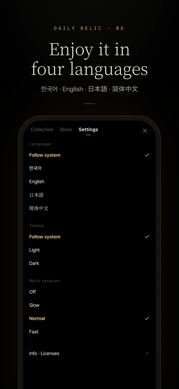 Daily Relicの設定画面。言語とテーマの選択