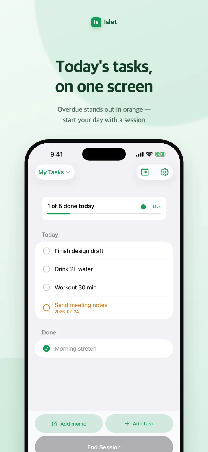 Islet today screen — today's to-dos gathered in one list