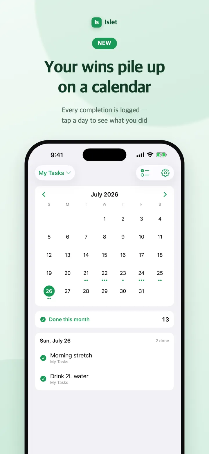 Islet calendar screen — completed days marked on a monthly calendar
