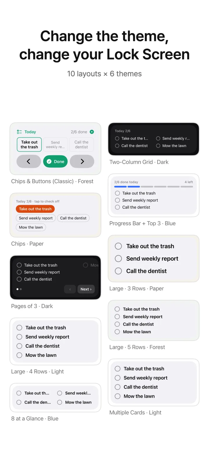 Change the theme, change your Lock Screen — 10 layouts × 6 themes