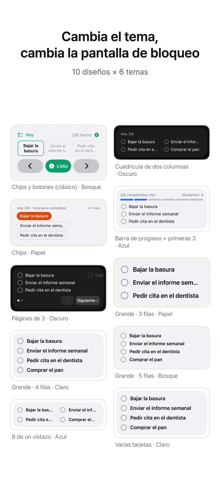 Cambia el tema, cambia la pantalla de bloqueo — 10 diseños × 6 temas