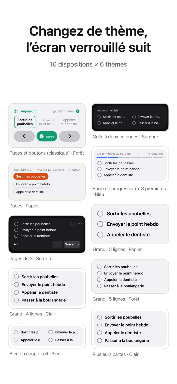 Changez de thème, l’écran verrouillé suit — 10 dispositions × 6 thèmes