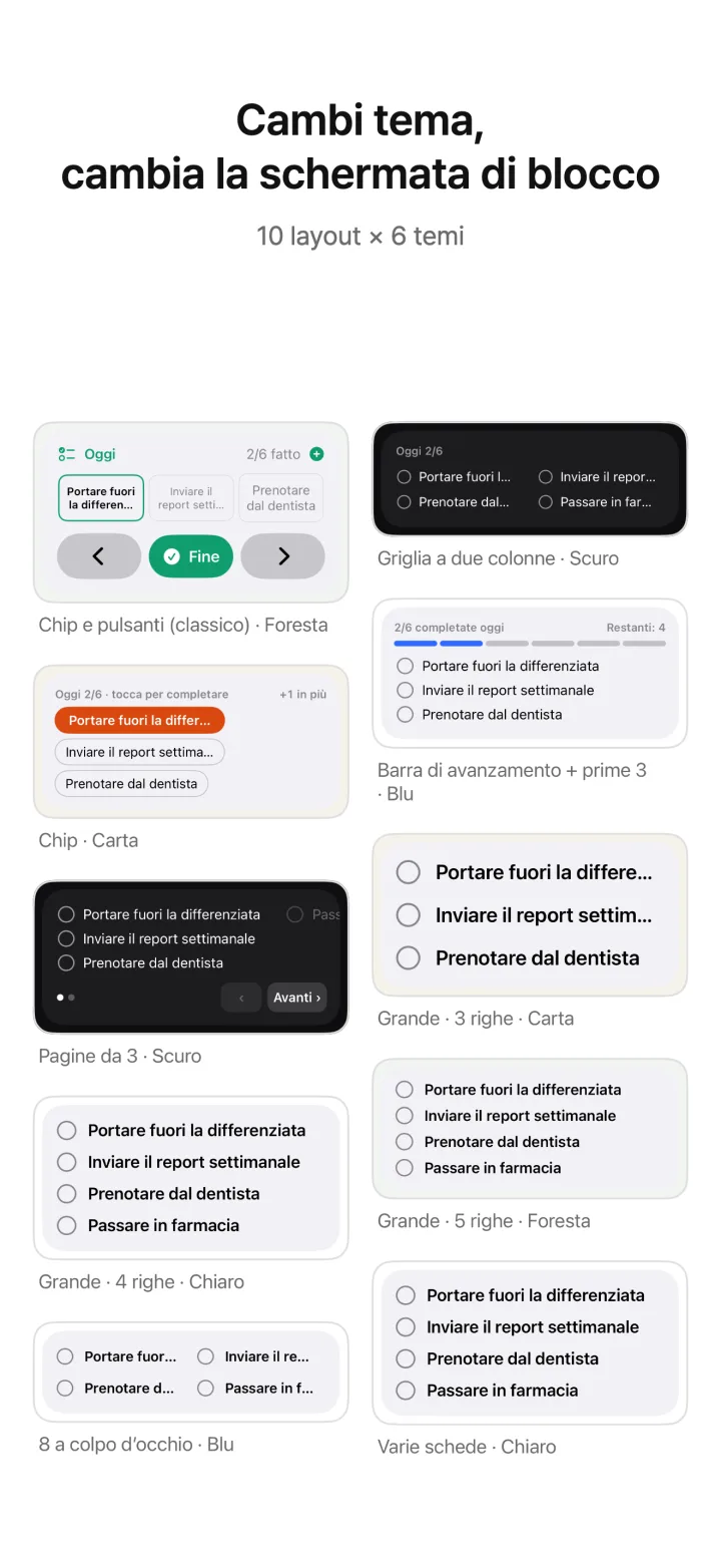 Cambi tema, cambia la schermata di blocco — 10 layout × 6 temi