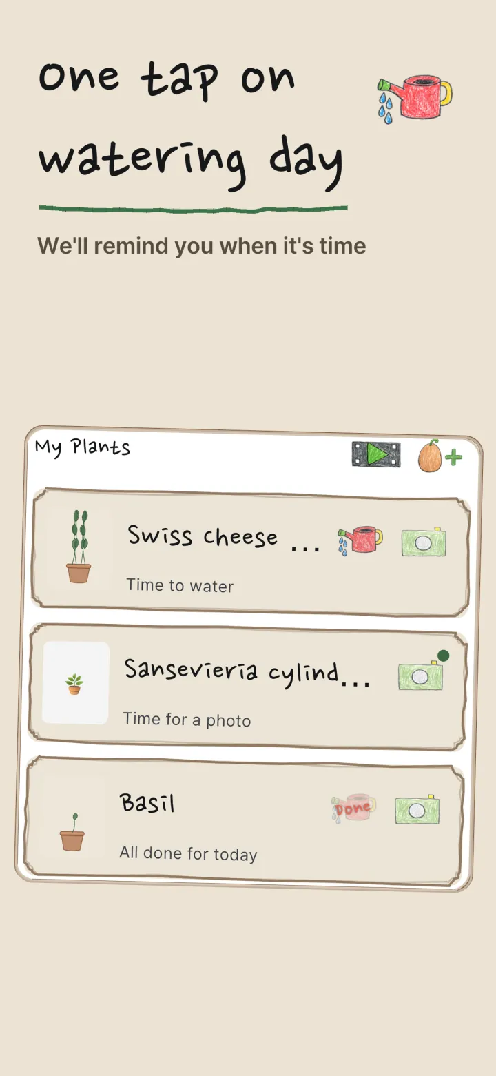 Mureok today screen — the plant list with a watering button