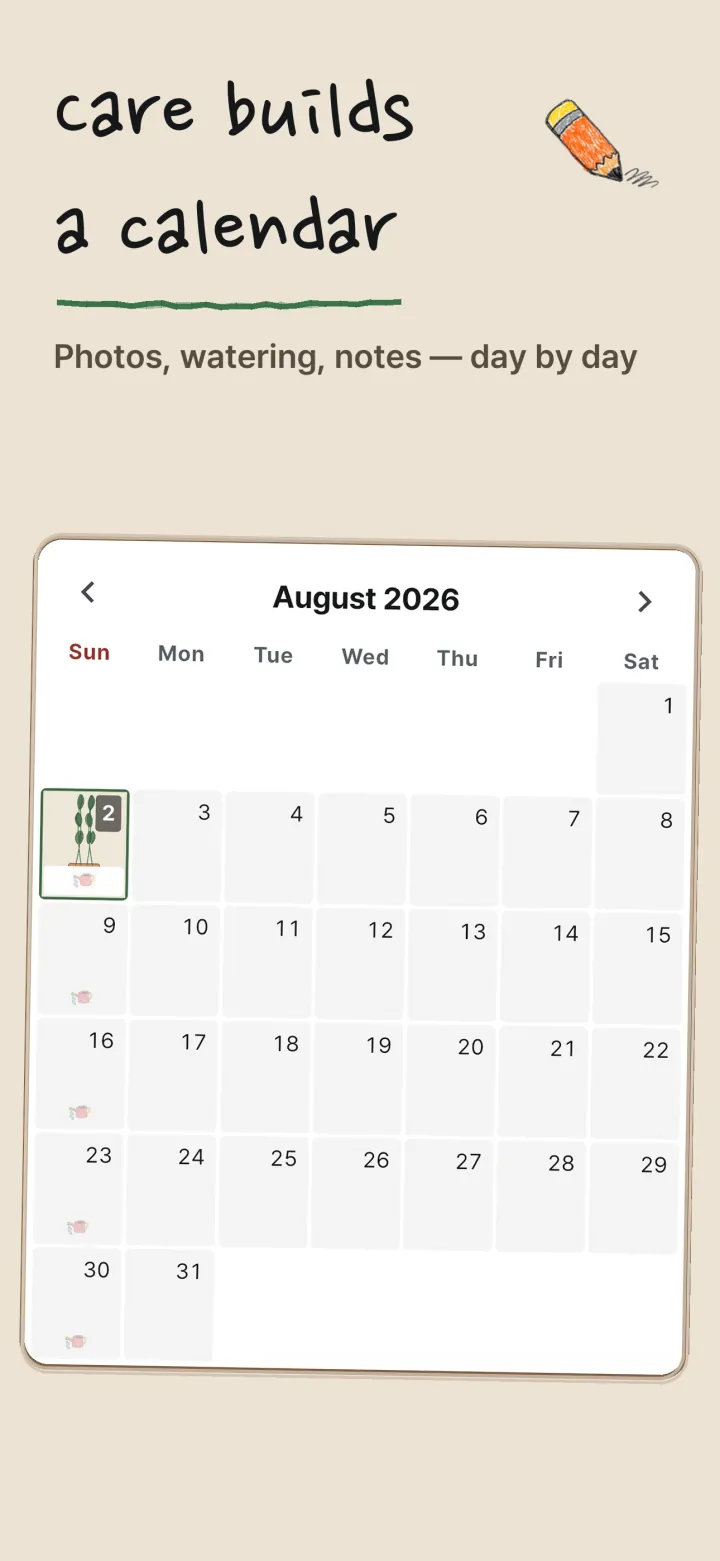 Mureok calendar screen — waterings and photos stacked by date