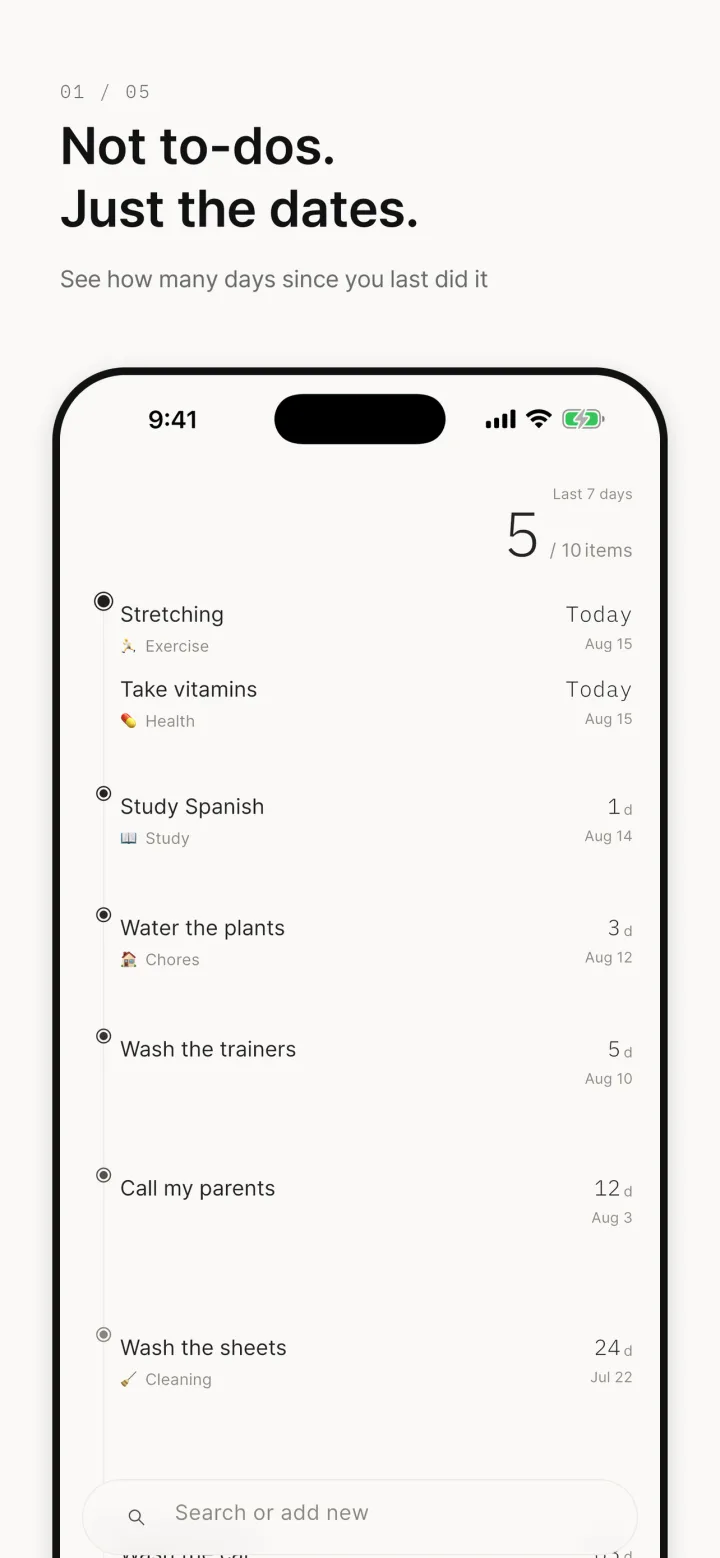 When'd I home screen — each item shows how many days have passed since you last did it