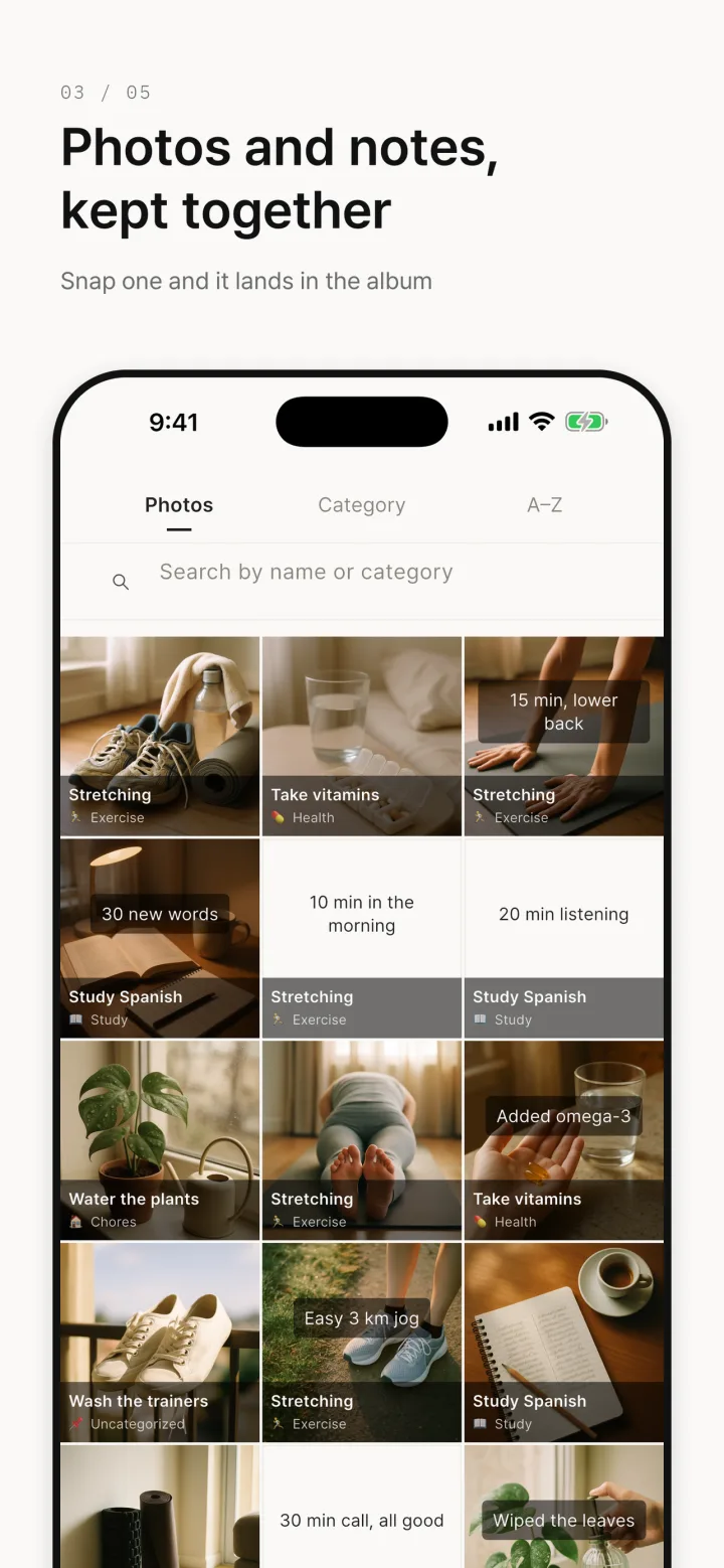 When'd I photo album — photos and notes attached to entries, laid out in a grid