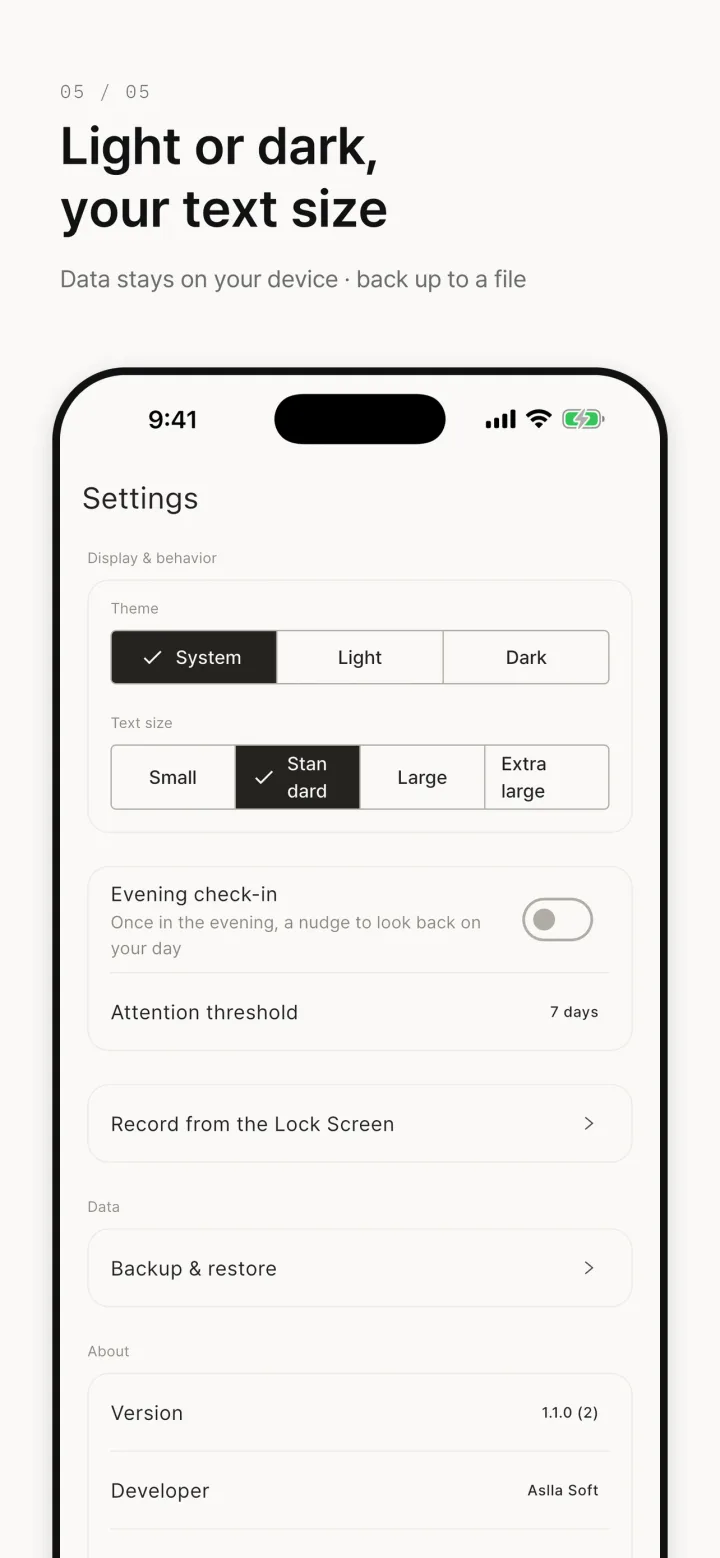 When'd I settings — theme, text size, end-of-day reminder, backup and restore
