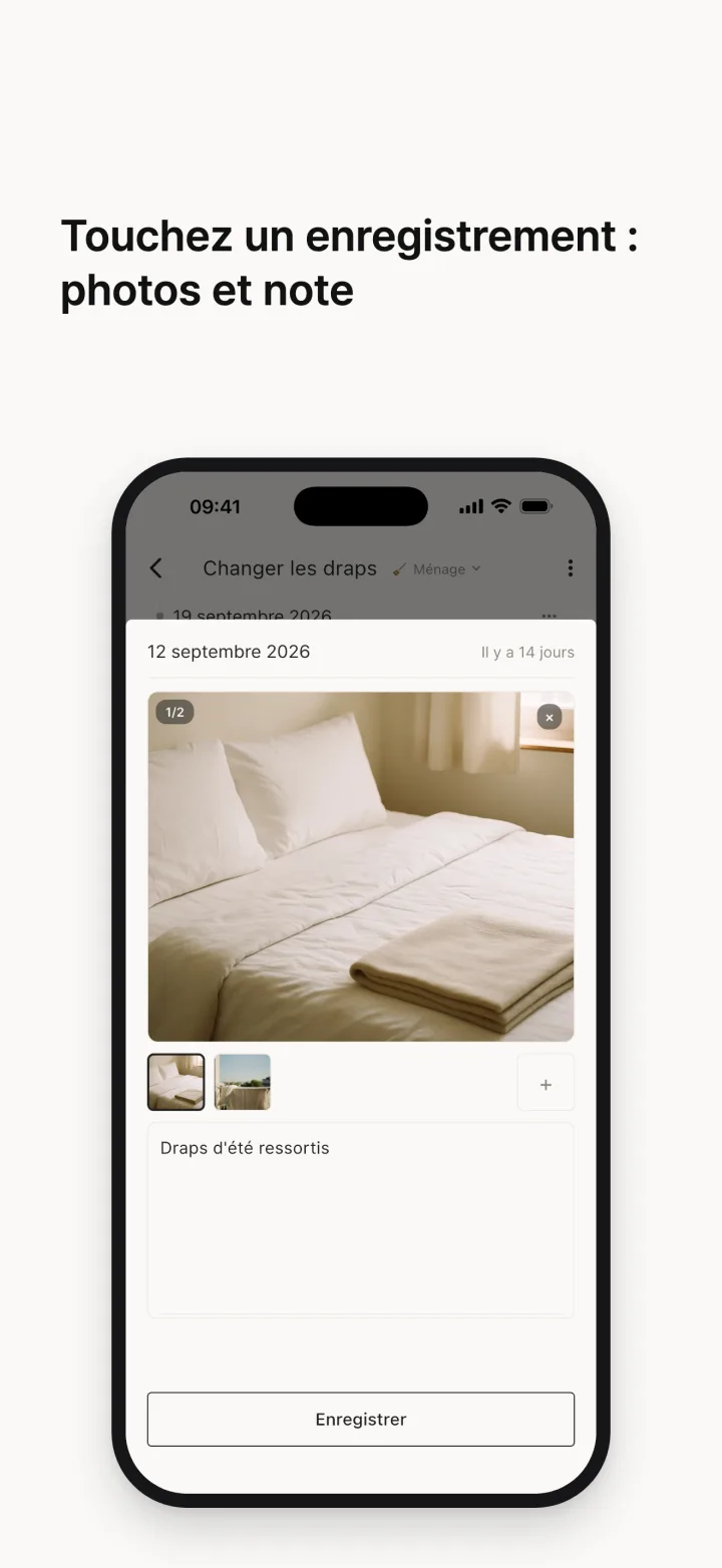 Touchez un enregistrement : photos et note
