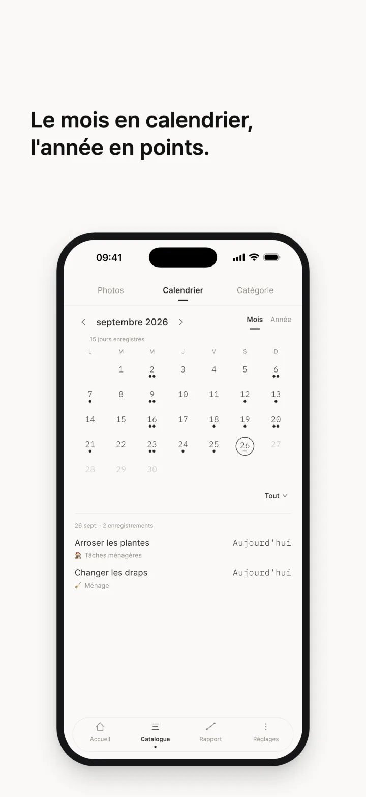 Le mois en calendrier, l'année en points.