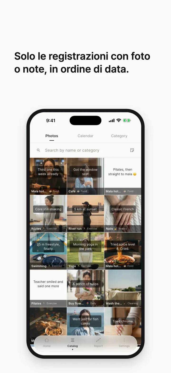 Solo le registrazioni con foto o note, in ordine di data.